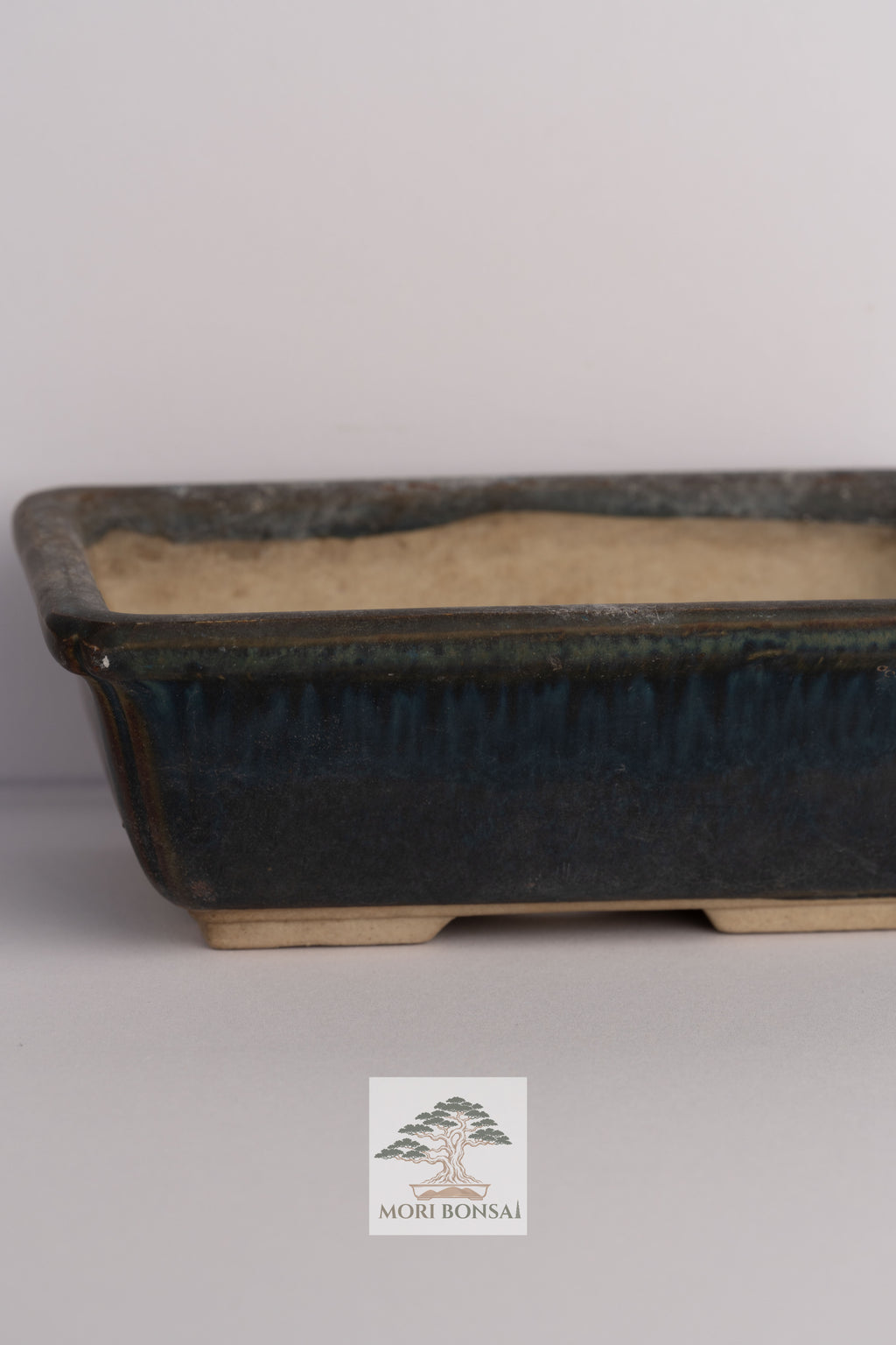 Aged Tokoname rectangular bonsai pot POT-TOKO-002 front view with blue-green glaze