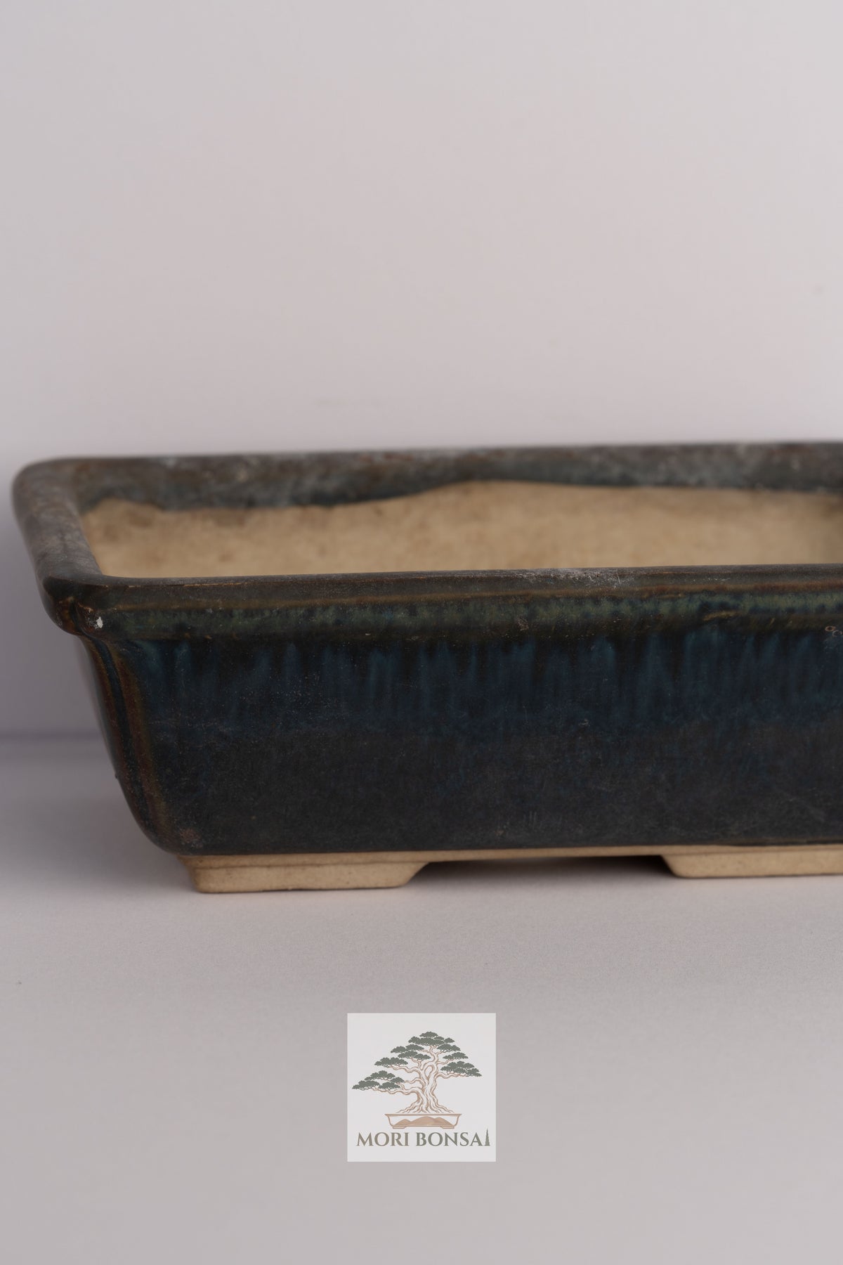Aged Tokoname rectangular bonsai pot POT-TOKO-002 front view with blue-green glaze