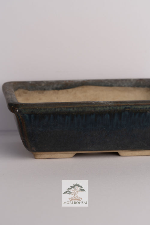 Aged Tokoname rectangular bonsai pot POT-TOKO-002 front view with blue-green glaze