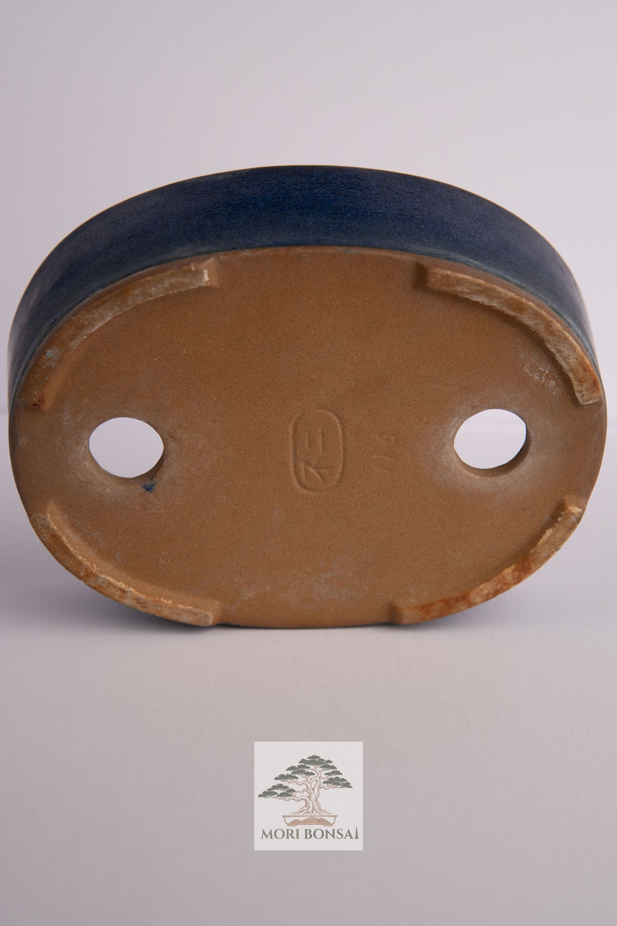 Aged Tokoname oval bonsai pot POT-TOKO-004 front view with deep blue glaze