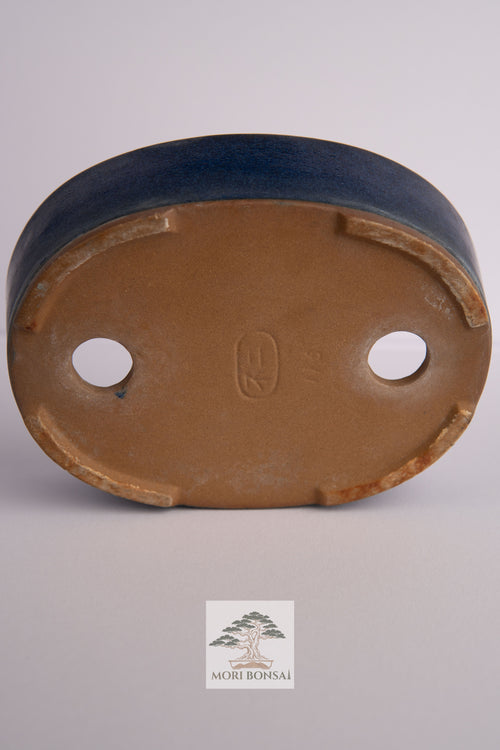 Aged Tokoname oval bonsai pot POT-TOKO-004 front view with deep blue glaze