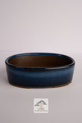 Aged Tokoname compact round bonsai pot POT-TOKO-005 front view with rich blue glaze