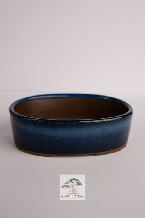 Aged Tokoname compact round bonsai pot POT-TOKO-005 front view with rich blue glaze