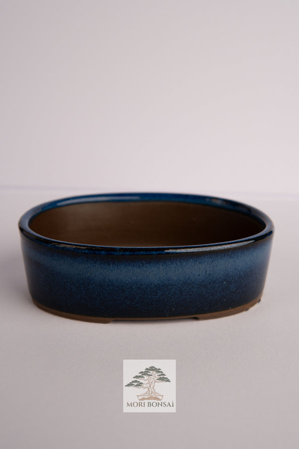 Aged Tokoname compact round bonsai pot POT-TOKO-005 front view with rich blue glaze